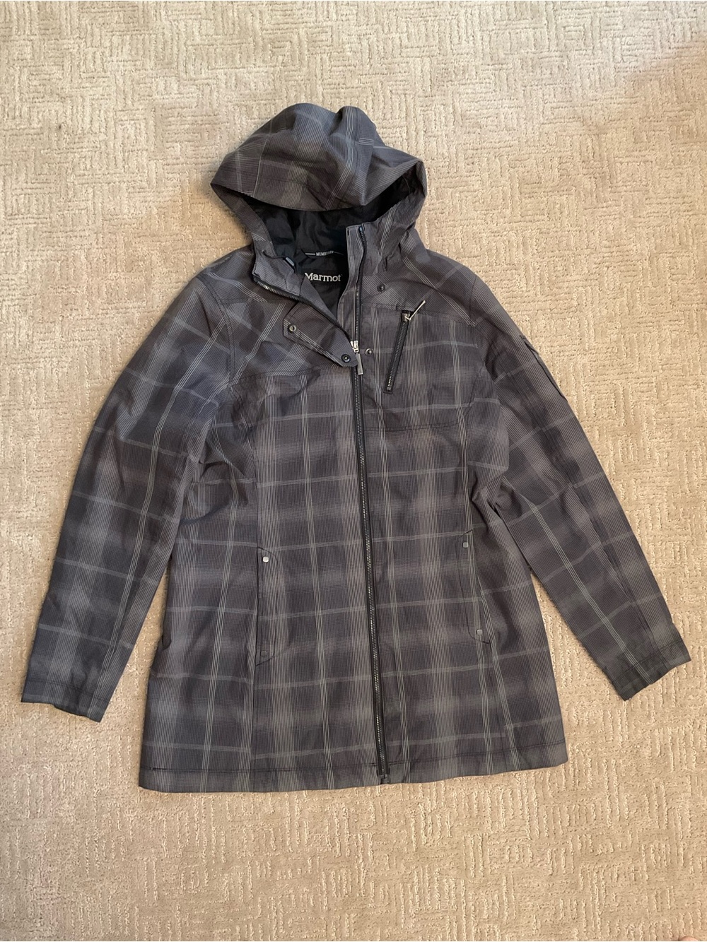 Marmot Women Gray Plaid MemBrain Hooded Rain Trench Coat Lightweight L EUC